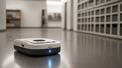 A small, white robotic vacuum cleaner with a blue light on the front, in a hallway of a modern office building.