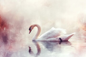 Watercolor illustration of a white swan swimming in a lake, with pastel colors, a soft mist background.