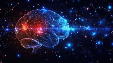 A stylized brain glows with red and blue light, connected by a web of glowing lines against a dark blue starry background, suggesting neural connections.