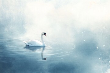 Obraz premium Watercolor illustration of a white swan swimming in a lake, with pastel colors, a soft mist background.