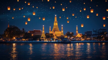 Obraz premium A beautiful temple illuminated by lanterns in the night sky.