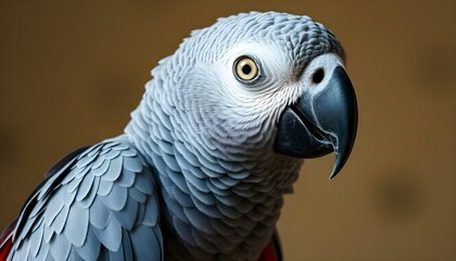 Obraz premium Detailed view of inquisitive African Grey Parrot with expressive eyes and colorful plumage