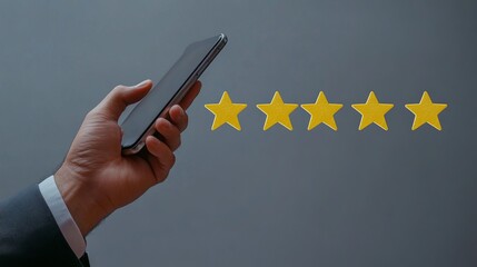 Fototapeta premium A man's hand interacts with a phone, choosing the number of stars.
