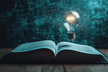A Lightbulb Glowing Above an Open Book with a Chalkboard Background