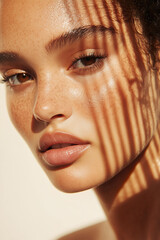 Freckled woman enjoying the sunlight indoors, creating soft, warm shadows and a natural glow.