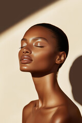 Beautiful African-American woman in a sunlit studio, showcasing luminous skin with soft, warm shadows.