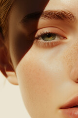 Elegant green-eyed woman under soft, warm shadows indoors, showcasing luminous and tanned skin.