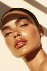 Woman with a natural, sun-kissed glow, enjoying warm indoor light and soft, sunlit shadows.
