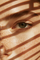 Sunlight highlighting the freckles and natural tan of a green-eyed woman with healthy, radiant skin.