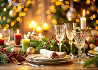 Elegant Christmas Dinner Table Setting with Beautiful Tableware and Holiday Decorations, Perfect for Festive Gatherings and Celebrations in a Cozy Atmosphere