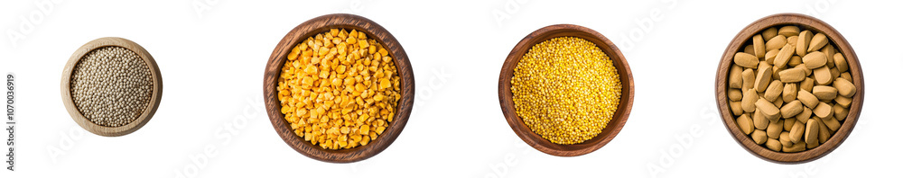Poster an isolated top view of a wooden bowl filled with ripe corn seeds on a transparent background