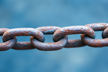 Fototapeta premium Close-up of a rusty metal chain against a blue background, symbolizing strength, connection, and aging. Detailed texture highlights corrosion and durability.