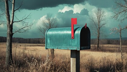 Rustic mailbox in autumn field under stormy sky