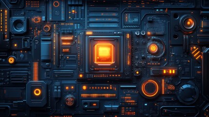 Fototapeta premium Futuristic tech background with glowing orange processor and circuits.