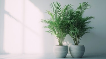 Two potted palm trees in a bright, minimalist room with sunlight streaming in from a window.