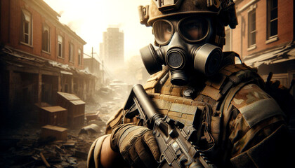 A soldier in tactical gear and gas mask stands amidst a devastated urban landscape, holding a weapon. The scene evokes a sense of survival and resilience in a dystopian setting.