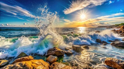 Fototapeta premium A serene blend of ocean waves and sparkling water captures the essence of tranquility, evoking calmness and rejuvenation through vibrant light and dynamic movement.