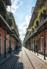 Obraz premium New Orleans French Quarter Street with Pastel Buildings and Streetcar Track for Historical Stock Photo