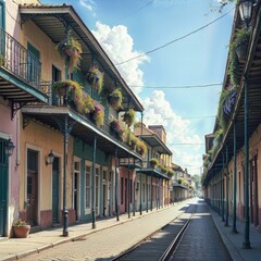 Obraz premium Pastel-colored historic buildings in the French Quarter, New Orleans, with greenery and cobblestone street, perfect for travel and cultural backgrounds.