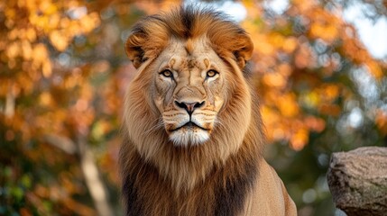 Fototapeta premium A majestic male lion with a thick mane stares directly at the camera, with a blurred background of autumn leaves.