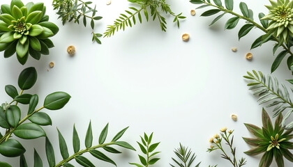 Naklejka premium frame made of greenery, branches and white flowers on a white background photo
