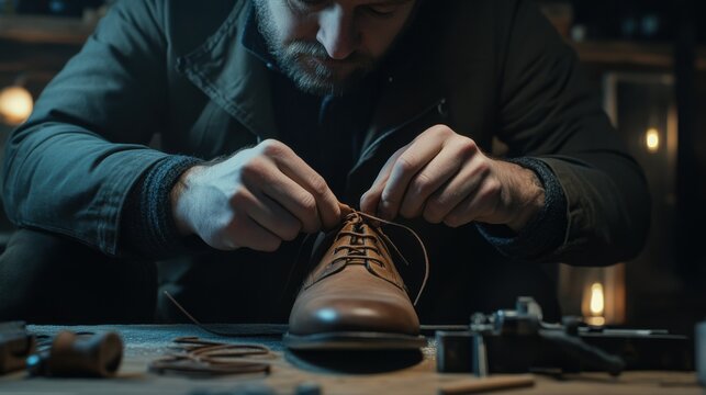 Skillful shoemaker working on leather shoe in workshop