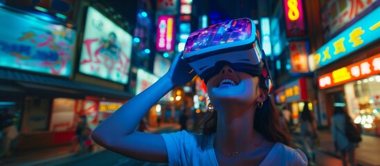 A young woman immersed in virtual reality, wearing VR headset that emits a bright, neon-blue glow. Female in urban Asian city street filled with neon signs.