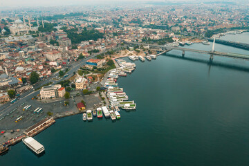 Fototapeta premium Istanbul Halic Metro Bridge. Halic Metro Bridge and city view. Blue sea in the background and magnificent view of Istanbul bridge views. Halic, Istanbul, Turkey.