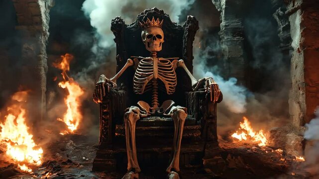 A Sinister Skeleton Throne rest majestically amidst Fiery Ruins that emit an otherworldly glow and energy