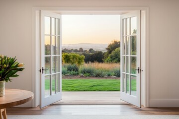 A serene view through open French doors showcasing a lush green landscape at sunset, inviting tranquility into the home. © Kin no Hikari
