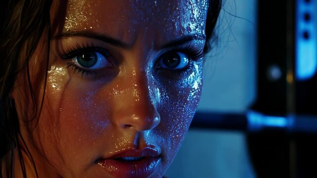 Close-up of a focused woman sweating intensely, illuminated by dramatic lighting, highlighting determination and physical endurance during a workout.