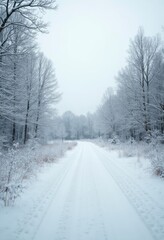 Obraz premium Snowy woodland path with fresh snow cover, serene winter landscape, background with distant trees