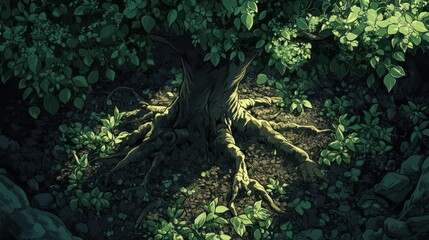 A large tree with exposed roots in a forest setting, sunlight shining through the leaves.