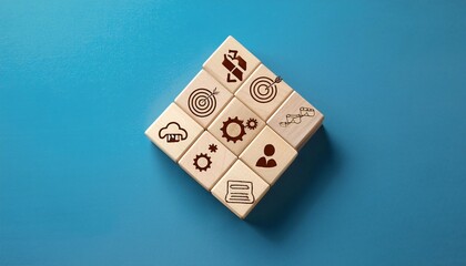 business strategy and action plan concept through stacking wooden cube blocks,