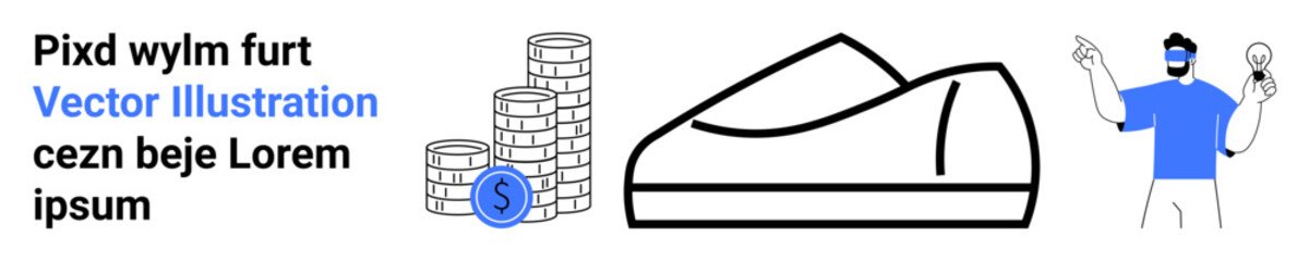 Stack of coins with a dollar sign, a casual sneaker, and a person with lightbulbs. Ideal for business, savings, success, creativity, innovation, entrepreneurship, and footwear themes. Landing page