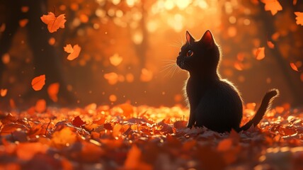 Black Cat Sitting in a Bed of Autumn Leaves