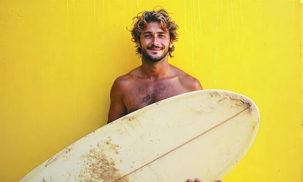 Man holding a surfboard on yellow background.