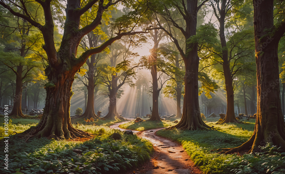 Poster Path in a forest with trees and sunlight