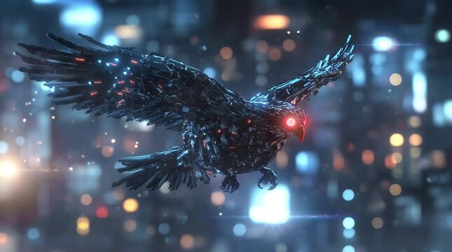 a robot eagle flying over a building at night. Seamless looping time-lapse virtual 4k video animation background