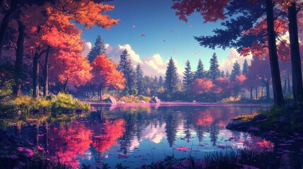 Naklejka premium Tranquil autumn forest scene with a still lake reflecting the colorful trees and blue sky.