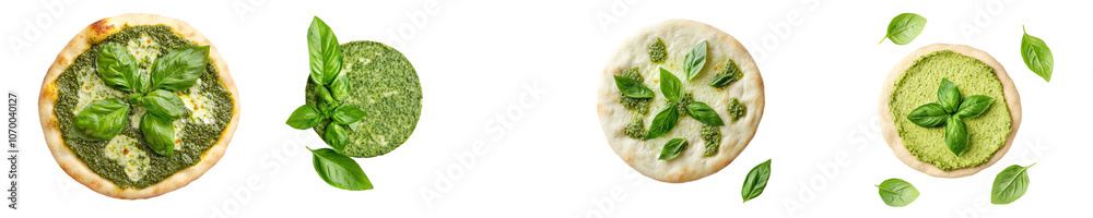 Poster the top view of a green vegan pizza isolated on a transparent background