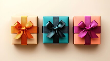 Colorful gift packages on a white background, top view.