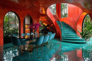 Naklejka premium Interior Design with Turquoise Staircase, Dining Table, and Piano