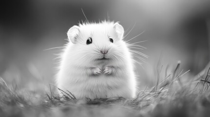 A white hamster sits on a patch of green grass, looking at the camera with a curious expression. The photo is in black and white, highlighting the hamster's soft fur and big, dark eyes.