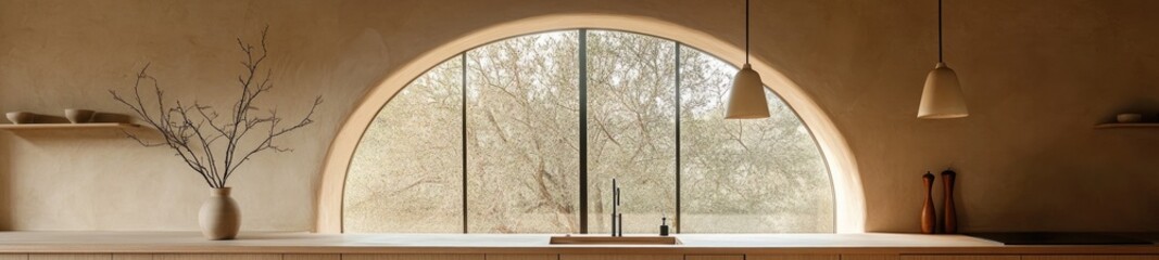 Minimalist Elegant Kitchen with Light Cabinets, Pendant Lights, and Natural Light from Arched Windows