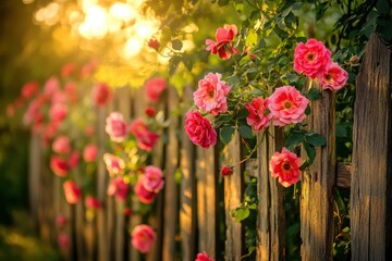 Fototapeta premium Rustic Wooden Fence with Climbing Roses