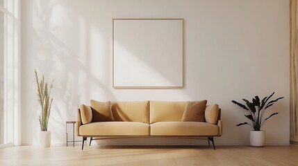 Interior of modern living room with white walls, wooden floor, beige sofa and mock up poster frame. 3d rendering