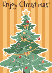 Greeting card with New Year tree decorated with garland and toys on yellow striped background in flat cartoon style. Vector illustration for Christmas poster, banner, card, invitation, etc.