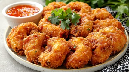 Fototapeta premium A plate of crispy fried shrimp served with a side of dipping sauce and garnished with cilantro.