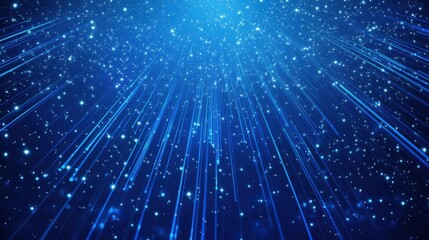 A mesmerizing display of blue light beams and shimmering particles creating a cosmic atmosphere.